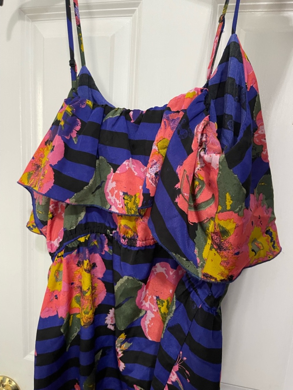 Justify Blue and Black Striped Floral Sundress with Pink and Yellow Blooms - Picture 2 of 3